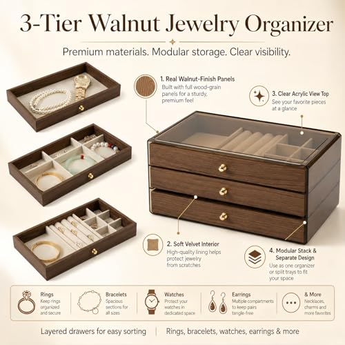 3-Layer Wooden Drawers Jewelry Box For Women,Jewelry Organizer with Acrylic Cover & Velvet Lining-Adjustable Compartments for Earrings Organizer, Rings, Necklaces, Bracelets (normal, 3) - size: normal