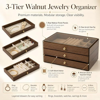 3-Layer Wooden Drawers Jewelry Box For Women,Jewelry Organizer with Acrylic Cover & Velvet Lining-Adjustable Compartments for Earrings Organizer, Rings, Necklaces, Bracelets (normal, 3) - size: normal