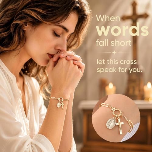 XUANPAI Virgin Mary Cross Bracelet for Women,14K Gold Plated Chain Bracelet,Virgen de Guadalupe Catholic Link Bracelet with Crucifix Charm, No Tarnish Religious Jewelry Gift for Baptism Confirmation - color: Gold-Paperclip Chain