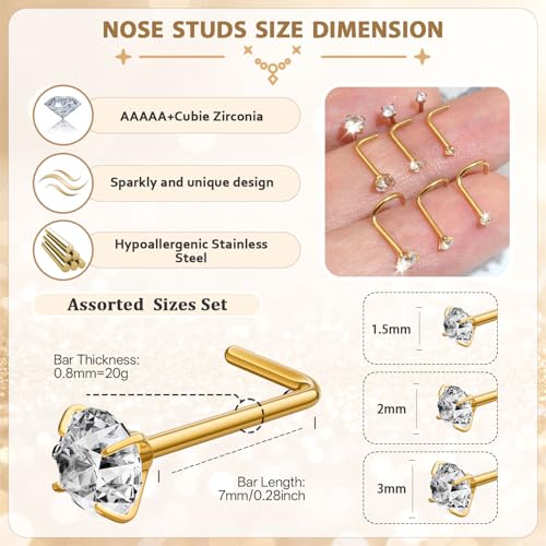 AMASIS Nose Rings and Nose Studs Set, Stainless Steel Hinged Nose Hoops and CZ Studs, Select Sizes and Styles for Nostril Septum Cartilage Piercing Jewelry - color: Gold, size: 3-Piece Studs,20Gauge,1.5/2/3mm