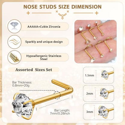 AMASIS Nose Rings and Nose Studs Set, Stainless Steel Hinged Nose Hoops and CZ Studs, Select Sizes and Styles for Nostril Septum Cartilage Piercing Jewelry - color: Gold, size: 3-Piece Studs,20Gauge,1.5/2/3mm