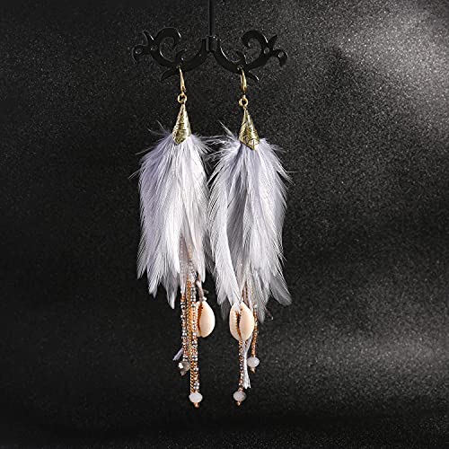 Bohemian Feather Dangle Earrings for Women with Shell Beads Long Tassel Design Drop Earrings - style: Style-Light Gray