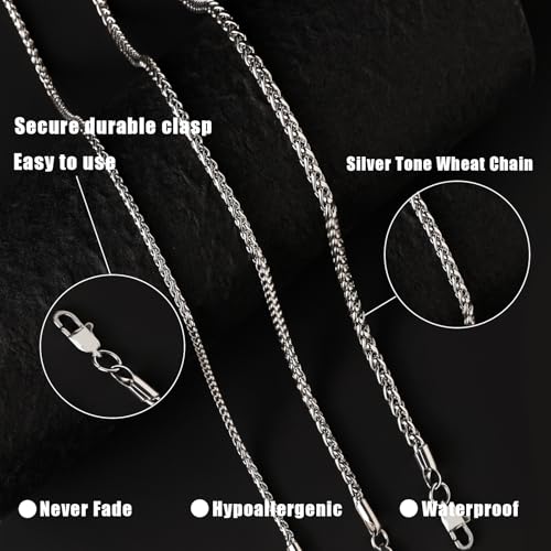 Silver Tone Stainless Steel Wheat Chain Necklace for Men and Women, Simple Jewelry Gift, Width 2.5-4mm, Length 16-26inch - size: 22inch, style: 3mm