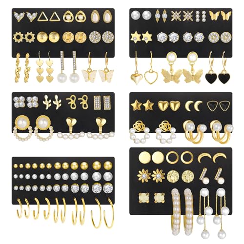 84 Pairs Gold Stud Earrings Set for Women Multipack, Fashion Pearl Cubic Zirconia Butterfly Earrings Packs Piercings, Hypoallergenic Stud Hoops Earrings for Gift - color: Style05-gold