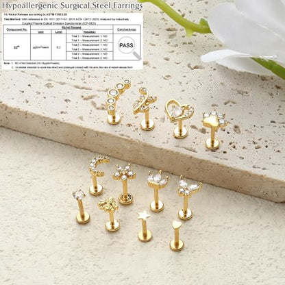 YADOCA 16G 18G Helix Flat Back Tragus Piercing Jewelry Earrings for Women | Hypoallergenic Surgical Steel Cartilage Earrings Daith Conch Medusa Nose Piercing Jewelry Gold Stud Earrings Set 6 7 8 10 MM - color: Gold, size: 18G(1.0MM)-6MM-New
