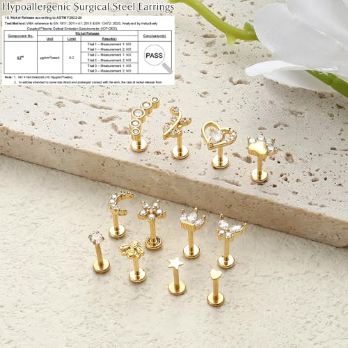 YADOCA 16G 18G Helix Flat Back Tragus Piercing Jewelry Earrings for Women | Hypoallergenic Surgical Steel Cartilage Earrings Daith Conch Medusa Nose Piercing Jewelry Gold Stud Earrings Set 6 7 8 10 MM - color: Gold, size: 16G(1.2MM)-8MM-New