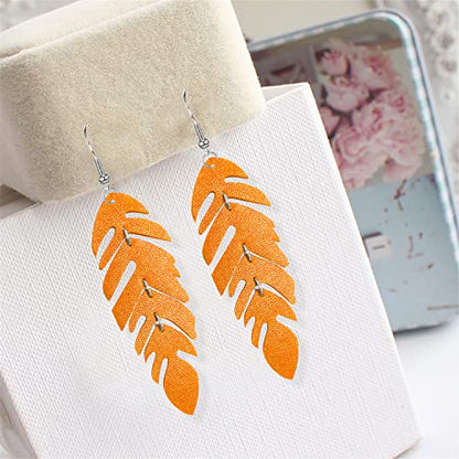 Handmade Unique Lightweight Bohemian Genuine Leather Leaf Dangle Drop Earrings Dainty Sparkly Chain Feather Hook Earring for Women Statement - color: Orange