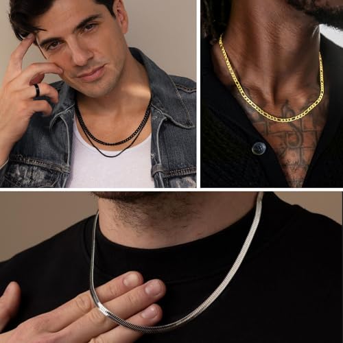Zocomi 3 PCS Chain Necklace for Men Women, Stainless Steel Cuban Link/Figaro/Herringbone Chains Set Jewelry Gifts, 16/18/20/22/24 Inches - color: Silver, size: 24 inch (60cm)Extra Long Fit