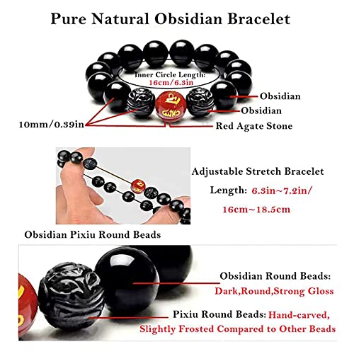 Black Obsidian Bracelet,Feng Shui Black Obsidian Wealth Bracelet for Women Men Couples Handmade Stretch Obsidian Bracelet Bangle with Carved Pixiu Tiger Eye Stone Attract Wealth Money and Good Luck - color: H,10mm,Red Agate