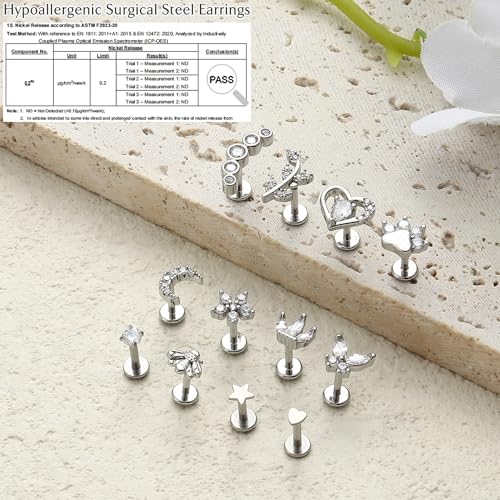 YADOCA 16G 18G Helix Flat Back Tragus Piercing Jewelry Earrings for Women | Hypoallergenic Surgical Steel Cartilage Earrings Daith Conch Medusa Nose Piercing Jewelry Gold Stud Earrings Set 6 7 8 10 MM - color: Silver, size: 16G(1.2MM)-6MM-New