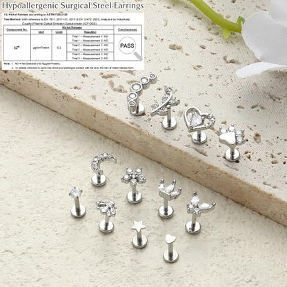 YADOCA 16G 18G Helix Flat Back Tragus Piercing Jewelry Earrings for Women | Hypoallergenic Surgical Steel Cartilage Earrings Daith Conch Medusa Nose Piercing Jewelry Gold Stud Earrings Set 6 7 8 10 MM - color: Silver, size: 16G(1.2MM)-8MM-New