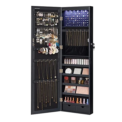 SONGMICS 6 LEDs Mirror Jewelry Cabinet, 47.2-Inch Tall Lockable Wall or Door Mounted Jewelry Armoire Organizer with Mirror, 2 Drawers, 3.9 x 14.6 x 47.2 Inches, Black UJJC093B01 - color: Black, size: 47.2"H