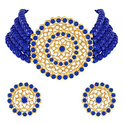 Aheli Pearl Diamond Choker Necklace & Round Earrings Gift for Women Indian Traditional Bollywood Fashion Bharatanatyam jewellery set - color: Blue & White