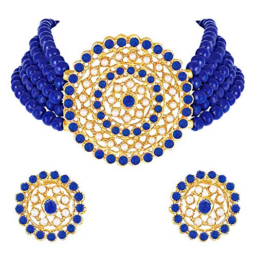 Aheli Pearl Diamond Choker Necklace & Round Earrings Gift for Women Indian Traditional Bollywood Fashion Bharatanatyam jewellery set - color: Blue & White