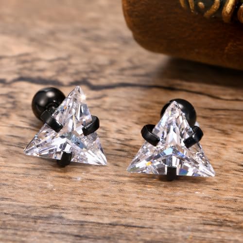 Unisex Geometric Triangle Stud Earrings, Stainless Steel Minimalist Cubic Zirconia Pierced Post Earrings for Men Women - style: Single Zircon-Black