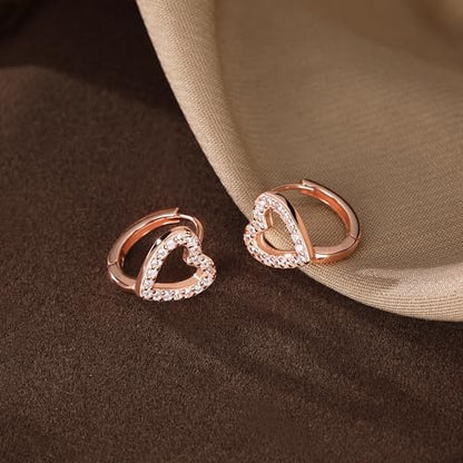SLUYNZ Sterling Silver Love Heart Huggie Earrings for Women Teens CZ Love Heart Hoop Earrings for Valentines Day - color: C-Rose Color