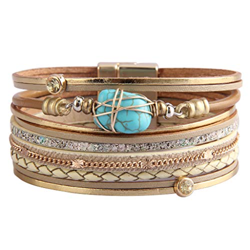 GelConnie Leather Wrap Bracelet Boho Cuff Bracelets Crystal Leather Bracelet Magnetic Multi Strand Bracelets Bohemian Bracelet Leather Wristbands Bangle Jewelry for Women Teen Wife Mother - color: Turquoise Leather Bracelet