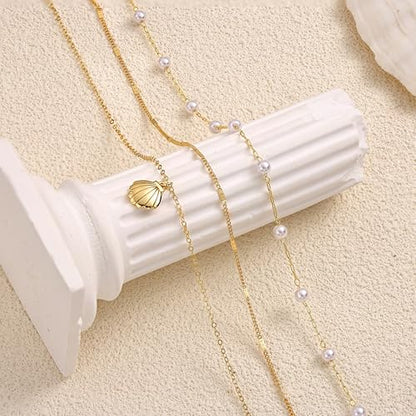 Shell Starfish Charm for Women, Dainty Layered 14K Gold Plated Seashell Conch Starfish Pearl Pendant Necklace for Women Stack Trendy Beach Cuban Link CZ Chain Necklace Summer Vacation Jewelry - color: 3PCS / Shell & Link & Pearl Chain