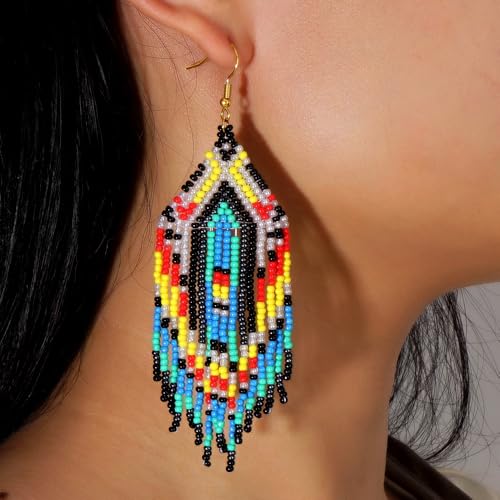 Bohemian Tassel Colorful Beaded Earrings For Women Trendy, Long Fringe Feather Drop Jewelry Handmade Gifts. - color: color6