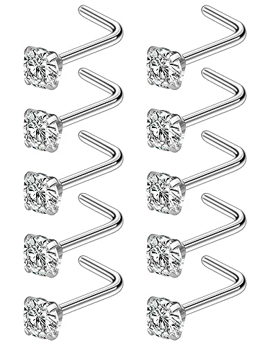 Cisyozi 18G Nose Rings Studs Hypoallergenic Nose Piercings 316L Surgical Steel Silver Nose Rings Set L Shaped Nose Nostril Piercing Jewelry for Women Men Diamond CZ 1.5mm 2mm 2.5mm 3mm 3.5mm 4mm - color: 18G - L Shaped -2mm