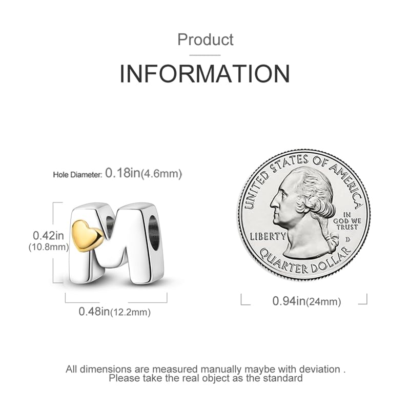 Women 925 Sterling Silver Charms A-Z Heart Letters Beads Pendant for Bracelets Women Fit Pandora Bracelets Hypoallergenic Beads - color: M