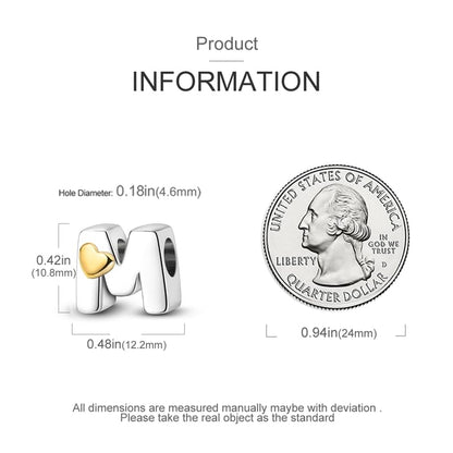 Women 925 Sterling Silver Charms A-Z Heart Letters Beads Pendant for Bracelets Women Fit Pandora Bracelets Hypoallergenic Beads - color: M