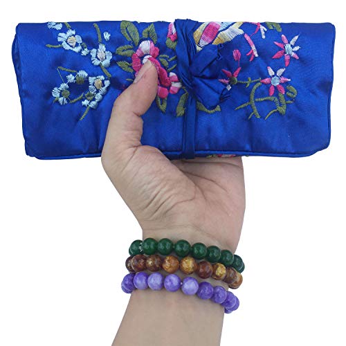 Travel Jewelry Roll Bag - Embroidered Brocade Pouch for Rings, Necklaces, Earrings, Bracelets | Lightweight & Tie Closure (Royal Blue) - color: Royal Blue