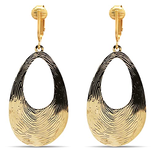 Gold Tone Non Pierced Clip On Dangling Earrings - style: Hammered Gold Ovals