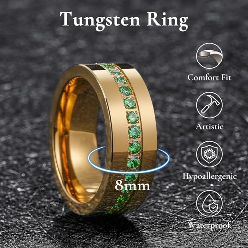 King Will Mens Tungsten Wedding Band with Cubic Zircon Inlay 7mm/8mm Flat Cut Comfort Fit Engagement Rings - color: Gold&Green-8mm