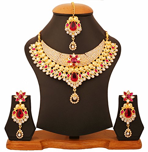 Touchstone Indian Bollywood Traditional Craftsmanship Mughal Designer Jewelry Wedding Necklace Set in Antique Gold Or White Tone for Women. - style: D445 Pink
