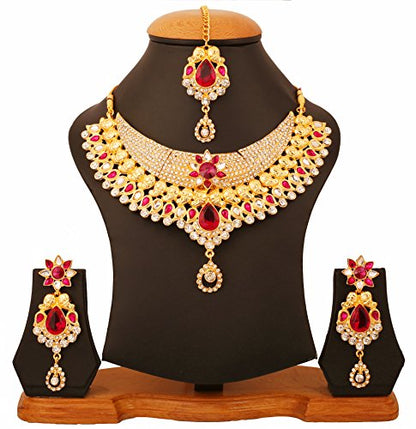 Touchstone Indian Bollywood Traditional Craftsmanship Mughal Designer Jewelry Wedding Necklace Set in Antique Gold Or White Tone for Women. - style: D445 Pink