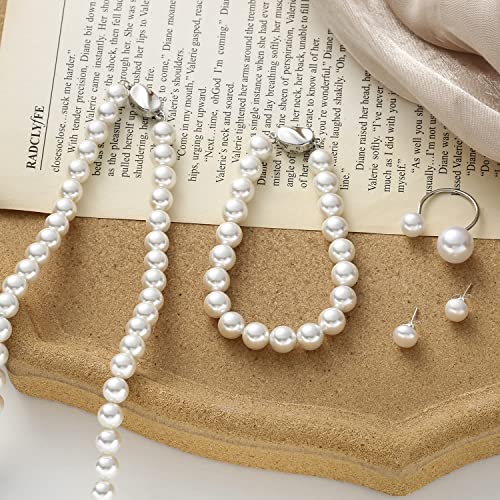 Pearl Jewelry Set for Women, Complete Set Includes Necklace, Bracelet, Earrings - Fashion Pearl Jewelry with Box for Wife, Mom, Sister, Bride, Bridesmaid - style: Complete Pearl Jewelry_4 Set