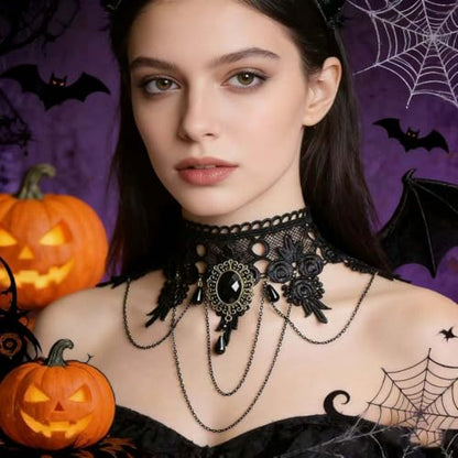 Black Sexy Lace Choker Necklaces Gothic Tassel Collar Choker Halloween Party Accessories for Women - color: Black necklace 1