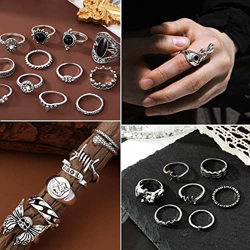 17IF 26-35 Pcs Vintage Silver Knuckle Ring Set for Women Men, Gothic Rings | Grunge Chunky Aesthetic Snake Stackable Adjustable Punk Bulky Finger Alt Fairy Skull Frog Heart Star Flower Midi Ring Pack - style: 26 Pcs