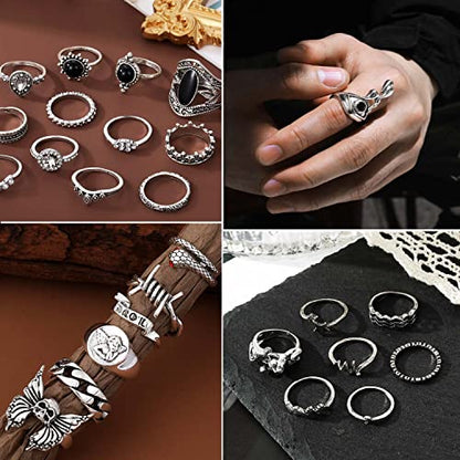 17IF 26-35 Pcs Vintage Silver Knuckle Ring Set for Women Men, Gothic Rings | Grunge Chunky Aesthetic Snake Stackable Adjustable Punk Bulky Finger Alt Fairy Skull Frog Heart Star Flower Midi Ring Pack - style: 26 Pcs