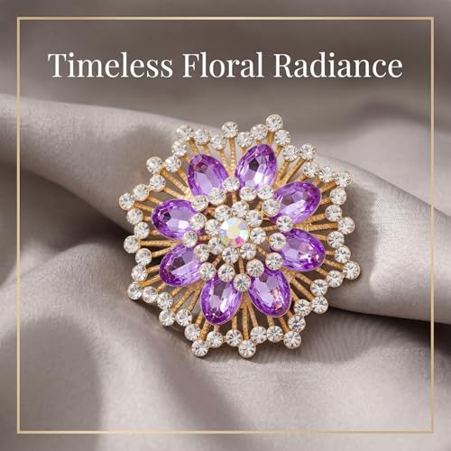 QCWN Large Flower Brooches and Pins for Women Vintage Rhinestone Sunflower Brooch Costume Jewelry Lapel Hat Pins for Wedding Dresses Bouquet Gifts - style: 1Pcs Lavender Purple