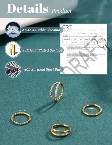 Dochais 4PCS 18G Nose Rings Hoops, Surgical Steel Earrings Tragus Septum Piercing CZ Clicker Ring, Hinged Segment Conch Lip Cartilage Double Hoops 8mm 10mm for Women Men - color: Gold, size: 18G(1.0mm),8mm