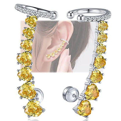 925 Sterling Silver Post Stud Earrings for Women Cartilage Ear Cuffs Hoop Climber 7 Multcolors Cubic Zirconia CZ Hypoallergenic Piercing Gifts For Her - color: Yellow Silver