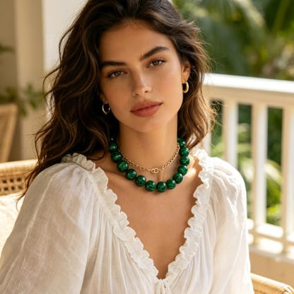 Chunky Beaded Necklace for Women Trendy Boho Collar Statement Necklace Large Round Resin Beads Choker Necklaces Summer Beach Jewelry Gifts - color: Dark Green