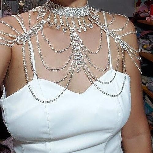 STONEFANS Bridal Rhinestone Shoulder Necklace Body Collar Jewelry Luxury Tassel Crystal Shoulder Harness Chain Wedding for Women - style: Silver Shoulder Necklace