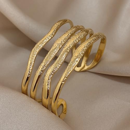 hotoo Gold Open Cuff Bangles Wide Woven Bracelets For Women Stainless Steel Stackable Jewelry For Xmas Birthday Gifts - style: Irregular Waves