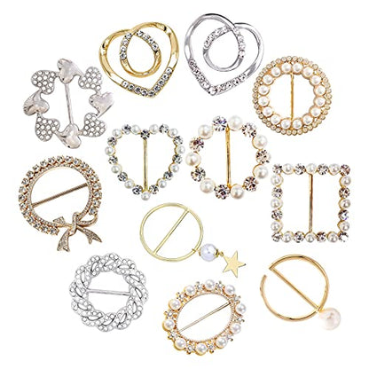 Scarf Tie Buckle Rings for Women,12PCS Metal Party T Shirt Pearls Rhinestone Clips,Clothes Corner Knotted Button for Women Girls Decorative Accessories TXZWJZ