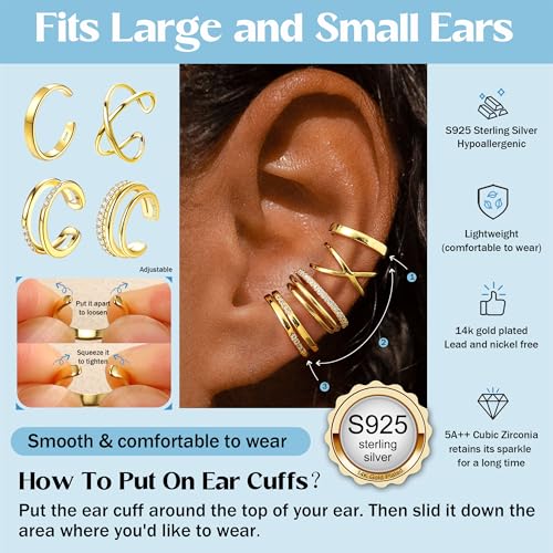 JeryWe 4 Pcs 925 Sterling Silver Ear Cuff for Women Non Piercing Adjustable Ear Cuff Earrings Clip On Cartilage Helix Wrap Ear Jewelry Set - color: 14K Gold Plated