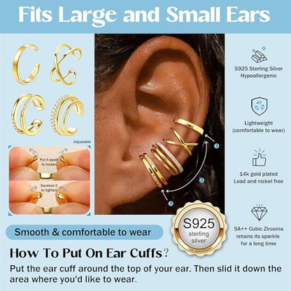JeryWe 4 Pcs 925 Sterling Silver Ear Cuff for Women Non Piercing Adjustable Ear Cuff Earrings Clip On Cartilage Helix Wrap Ear Jewelry Set - color: 14K Gold Plated