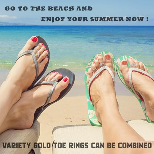LOFITOR 4PCS Gold Toe Rings for Women Non Tarnish Waterproof Toe Ring Set | 14K Gold Filled Dainty Stackable Cute Thin Adjustable Open Band Toe Ring Cz Foot Jewelry For Beach Summer Hawaiian - style: Fashion Silver