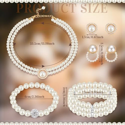 Glenmal Pearl Rhinestone Jewelry Set for Women Pearl Necklace Bracelet Earrings for Wedding Halloween Bridal Shower Tea Party - style: Trendy Style