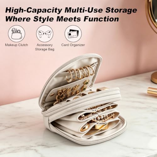 Travel Jewelry Case,2-Layer Jewelry Organizer,Gifts for Women Bride,travel jewelry box,travel jewelry pouch for Rings Earrings Necklaces Bracelets - Cream White