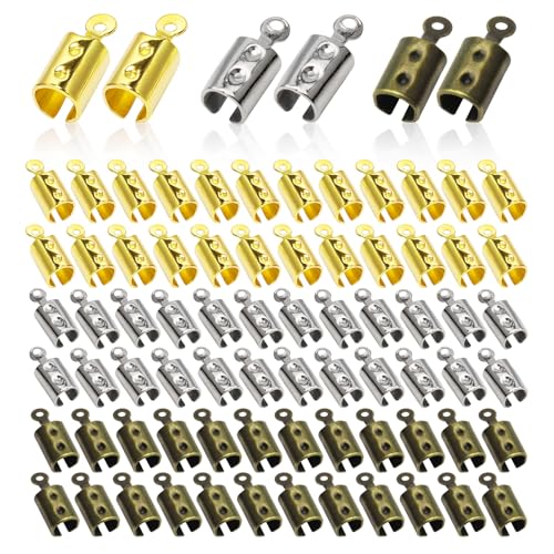 240 Pieces Fold Crimp Ends Fold Over Crimp Caps Stainless Steel Crimps Ends Ribbon End Clasp Tips Jewelry Connector for Jewelry Making/Necklace Cord/DIY Crafts(3 Colors) - color: gold, white k, ancient cyan
