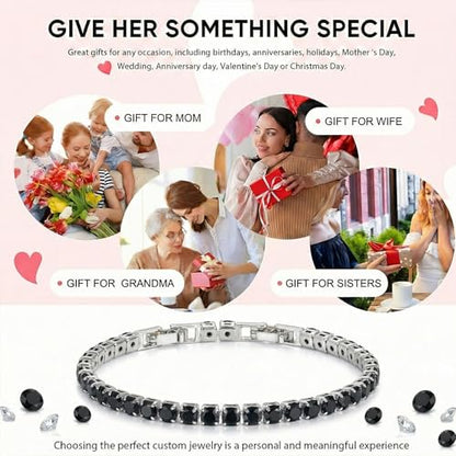 HEEYA Birthstone Silver/Gold Plated Tennis Bracelets, Adjustable 4mm CZ Tennis Bracelets for Women, Fashion Jewelry Wedding Gift Size 6.8 inch+1 inch Extender - color: Black White Gold