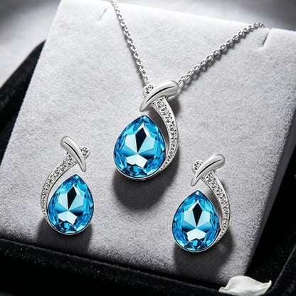 Crystal Drop Necklace with Dangle Earrings Minimalist Jewelry Set Elegant Teardrop Pendant Casual for Symphony Concert Night
